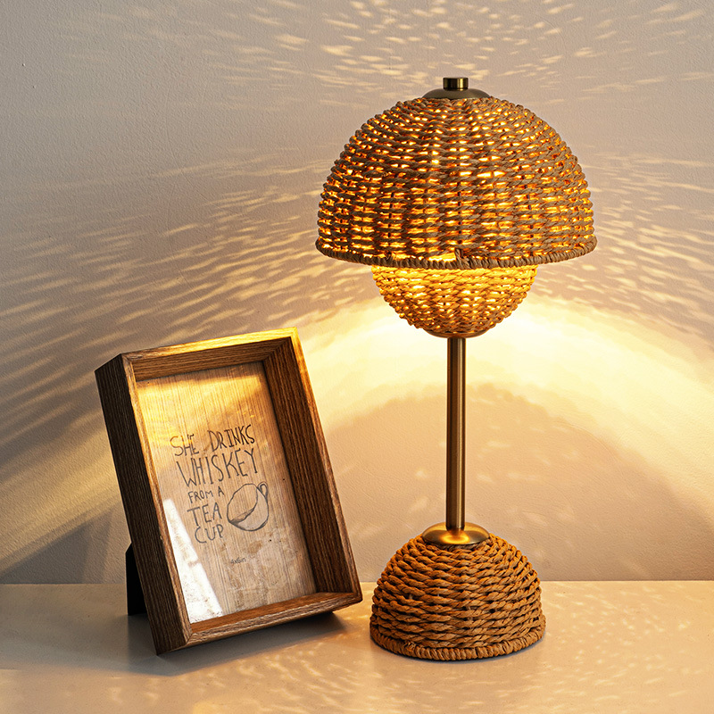 Woven Rattan Mushroom Table Lamp