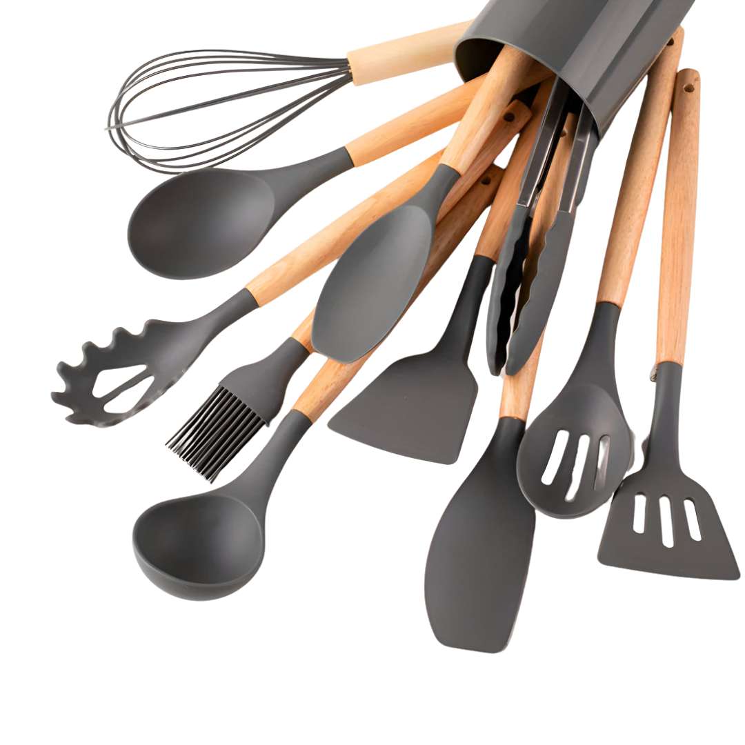 12-Piece Silicone Kitchen Utensil Set with Bamboo Handles – Heat-Resistant and BPA-Free 1